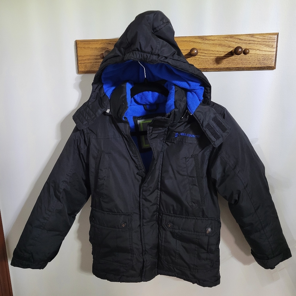 Free Country Kid's Black Winter Coat with Blue Lining Hooded Jacket, Size 7/8